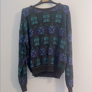 Black, Blue & Teal Patterned Crewneck Sweater Retro